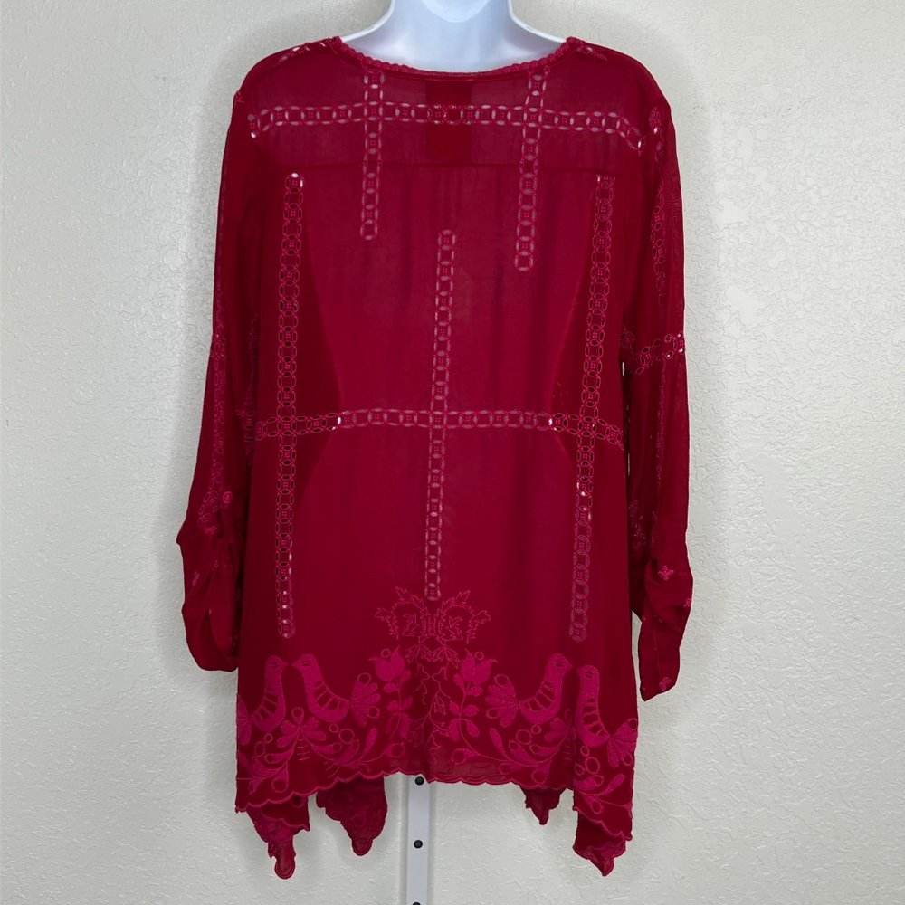 Johnny Was Crimson Blouse fuschia embroidery with Eyelet Trim Long Sleeve Medium - Picture 6 of 16